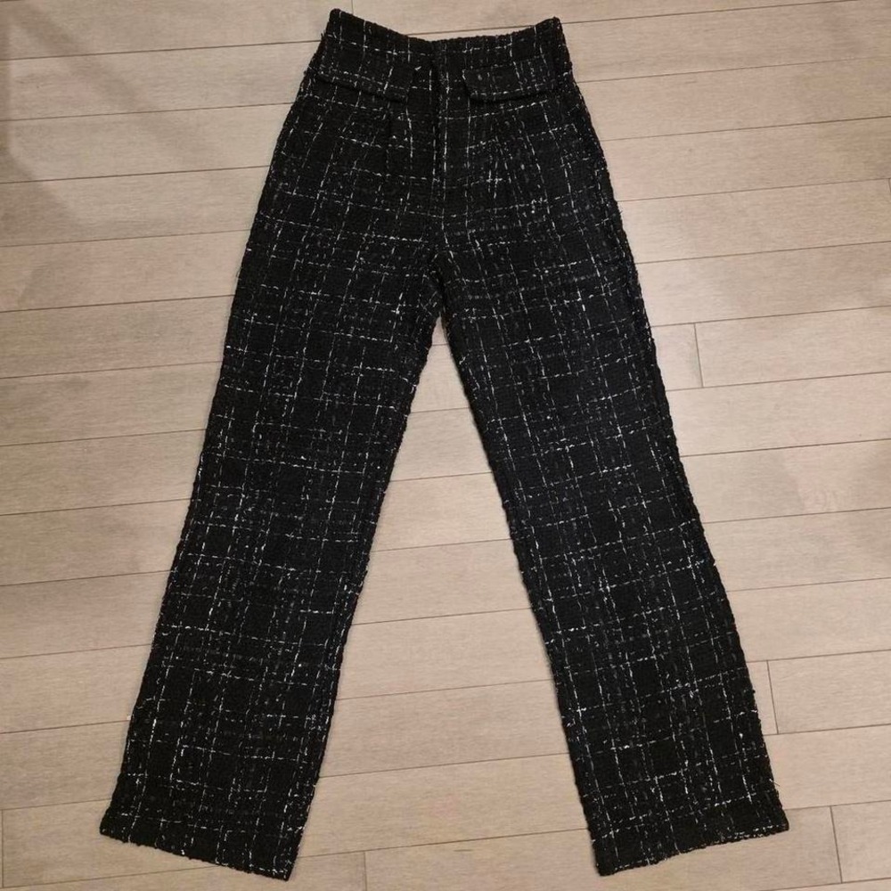 More To Come Black White Tweed High Waisted Wide Leg Plaid Pants XXS